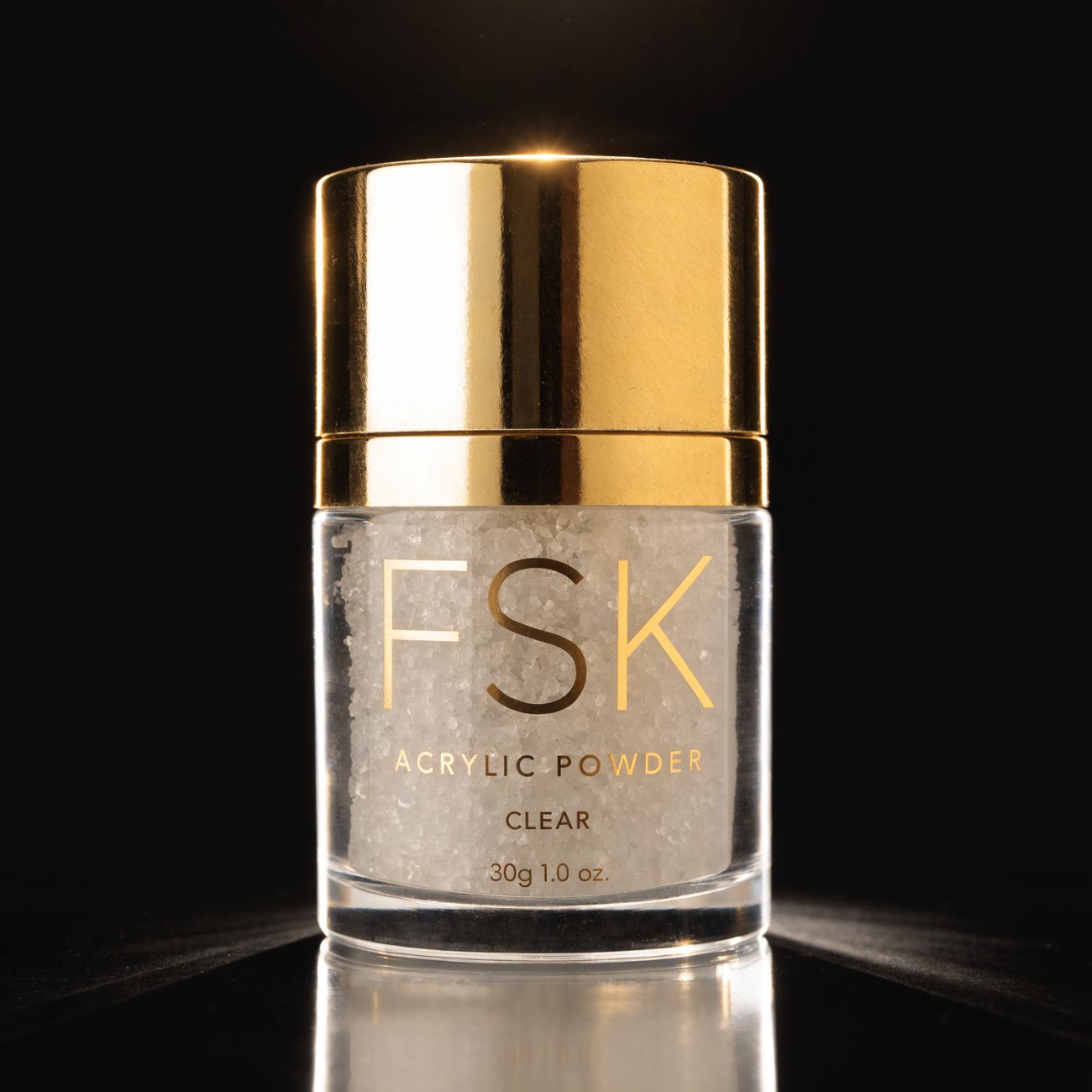 FSK Clear acrylic core powder in a clear jar with a gold lid