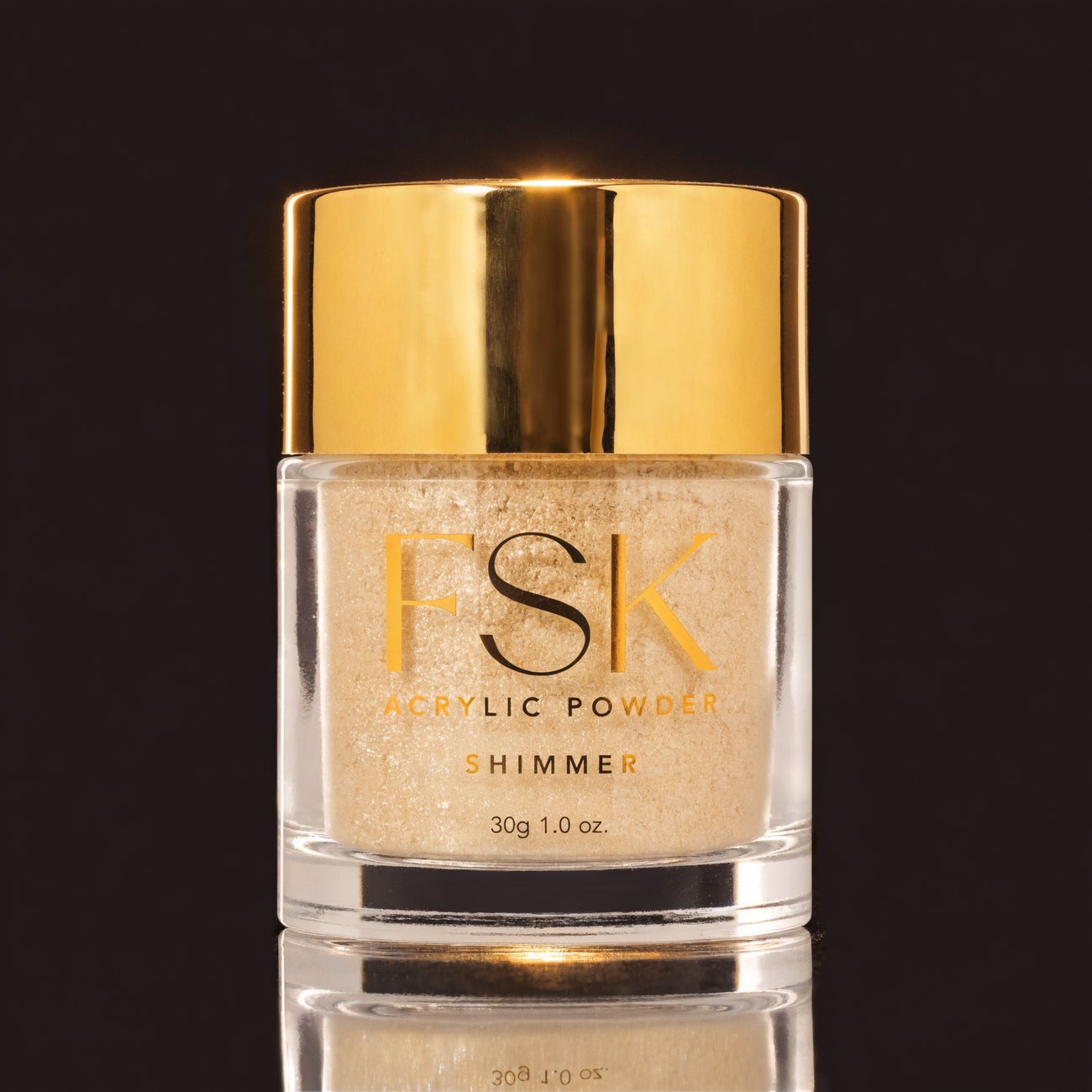 FSK Shimmer Pink acrylic core powder in a clear jar with a gold lid